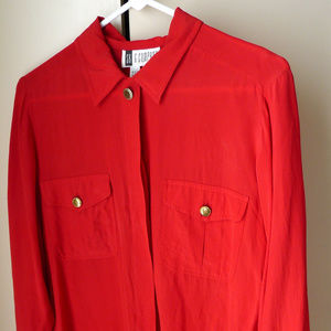 SK & Company red silk blouse shirt brass buttons